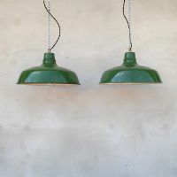 Lampade (2) industriali a sospensione francesi vintage D38 n�NaN di colore Verde / bianco
